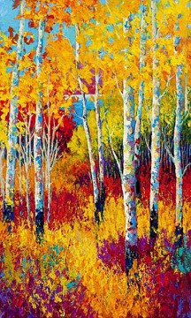 Landscapes Painting - Red Yellow Trees Autumn by Knife 07